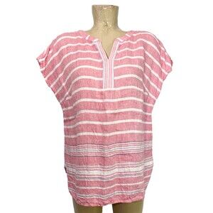 Talbots Linen Shirt Large Petite Lp 44”  V Neck Pink White Stripes Blouse Top